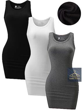 3 Pack Ribbed Crewneck Tank Top Dress Basic Bodycon Mini Dress Summer